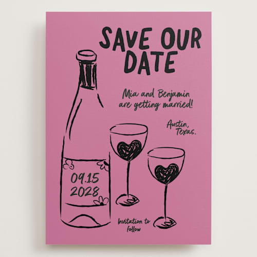 This is a pretty in pink save the date with standard by Helena Vitto called heart of glass printing on signature in grand