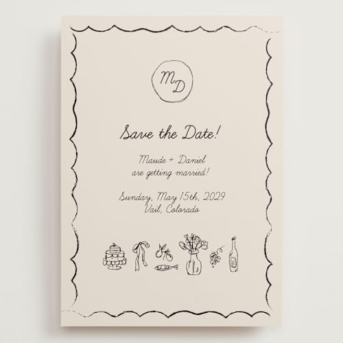 This is a ivory save the date with standard by Aviva Atri called sketchbook love printing on signature in grand