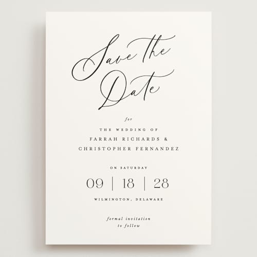 This is a pearl save the date with standard by Hooray Creative called beautifully scripted printing on signature in grand