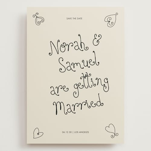 This is a ink save the date with standard by Kelly Watkins called hand-drawn hearts printing on signature in grand