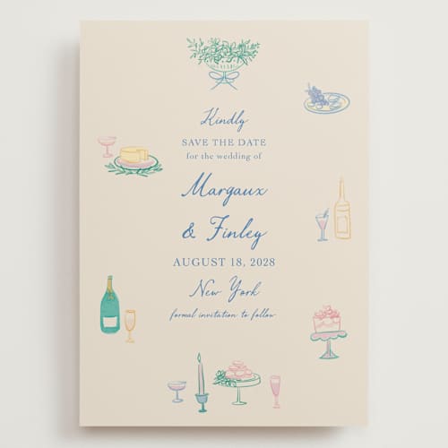 This is a pastel save the date with standard by Elly called dining printing on signature in grand