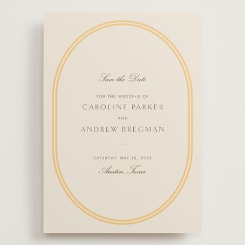 This is a melon save the date with standard by Megan Davis called bocce printing on signature in grand
