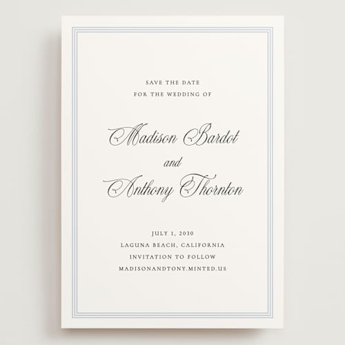 This is a bluebell save the date with standard by Vanessa Doyle called triple border printing on signature in grand