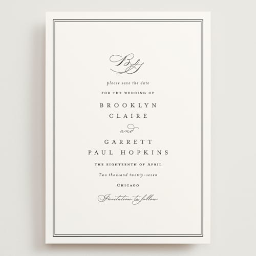 This is a noir save the date with standard by Amy Kross called overlapping printing on signature in grand