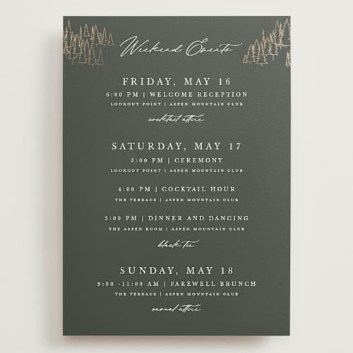 This is a hunter ceremony reception essentials with foil pressed by Sarah Brown called peaks printing on signature in grand
