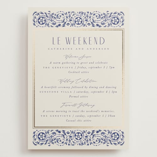 This is a dynasty blue ceremony reception essentials with foil pressed by Ana de Sousa called tiled romance printing on signature in grand