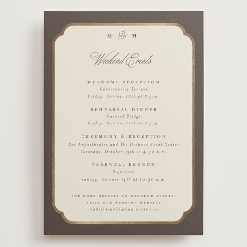 This is a cognac ceremony reception essentials with foil pressed by Emily Betts called arch frame printing on signature in grand