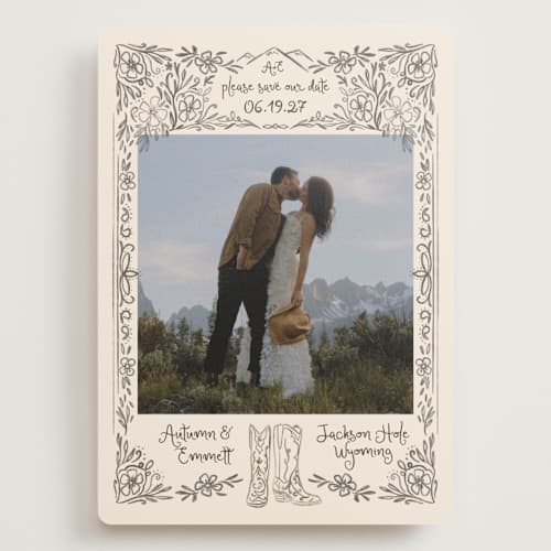 This is a leather save the date with standard by Jenna Holcomb called jackson hole printing on recycled smooth signature in grand