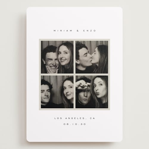 This is a powder save the date with standard by Emily Sabol Goss called snapped moments printing on recycled smooth signature in grand