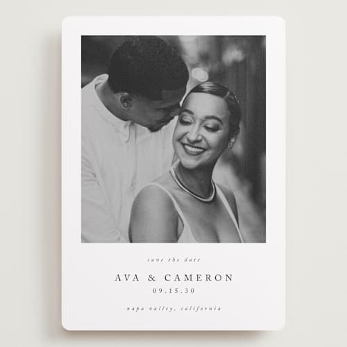 This is a onyx save the date with standard by Jennifer Postorino called simple elegance printing on recycled smooth signature in grand