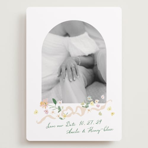 This is a spring save the date with standard by Phrosné Barwood called spring draped garland printing on recycled smooth signature in grand