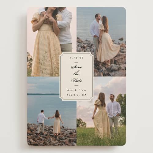 This is a cream save the date with standard by Ashley Iwafuchi called vintage wishes printing on recycled smooth signature in grand
