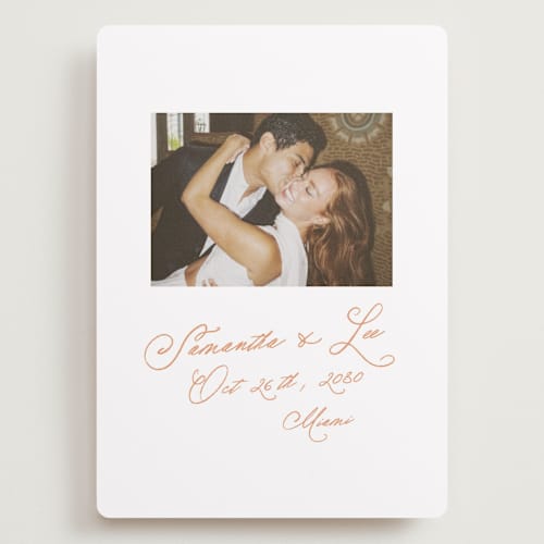 This is a peach save the date with standard by AK Graphics called flourishing printing on recycled smooth signature in grand