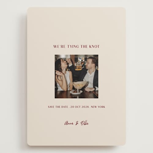 This is a burgundy save the date with standard by Ani Somi called center cut printing on recycled smooth signature in grand