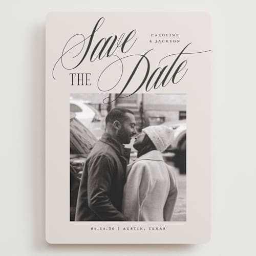 This is a buttercream save the date with standard by Jessica Williams called belmont printing on recycled smooth signature in grand