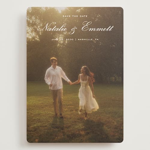 This is a ivory save the date with standard by Emily Betts called story printing on recycled smooth signature in grand
