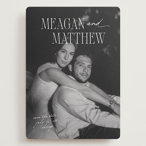 This is a pearl save the date with standard by Mellary Bitner called cover shot printing on recycled smooth signature in grand