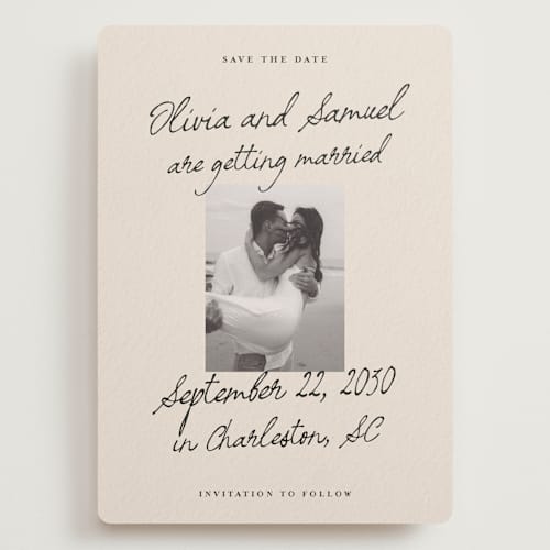 This is a linen save the date with standard by Kercia Jane called written in love printing on recycled smooth signature in grand