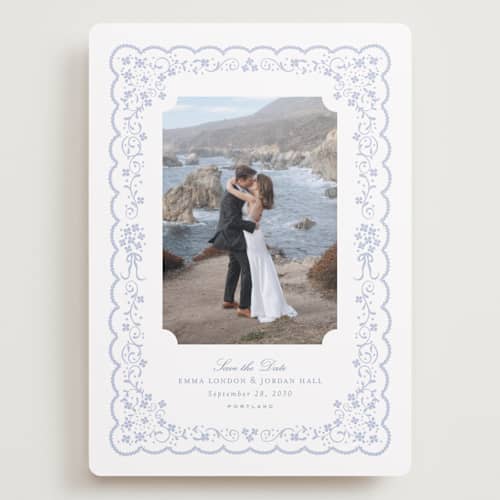 This is a something blue save the date with standard by Erin L. Wilson called tillie printing on recycled smooth signature in grand