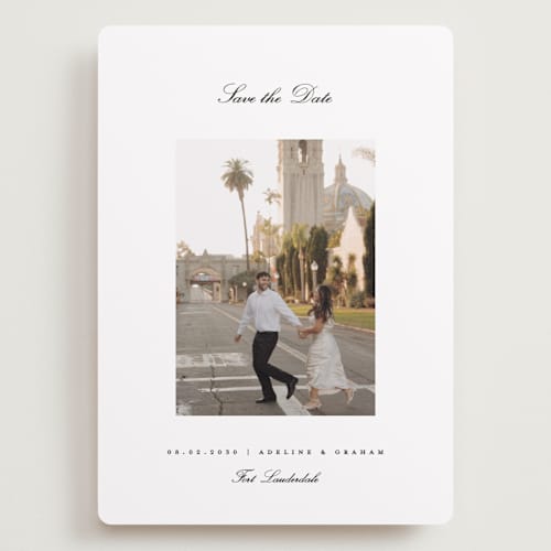 This is a snow save the date with standard by Pixel and Hank called minimal printing on recycled smooth signature in grand