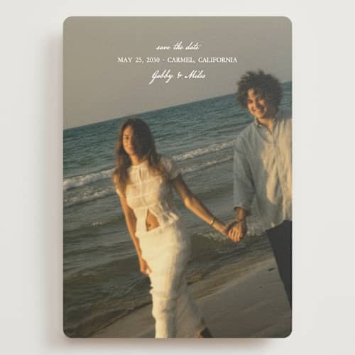 This is a snow save the date with standard by Kate Ahn called alma printing on recycled smooth signature in grand