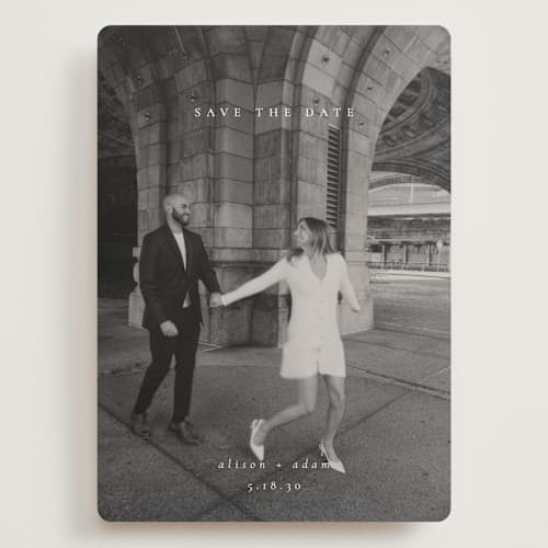 This is a cotton save the date with standard by Amy Kross called veneer printing on recycled smooth signature in grand