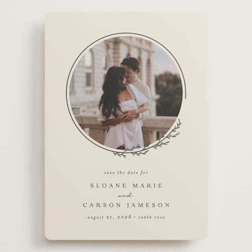 This is a almond save the date with standard by Brianne Larsen called branched printing on recycled smooth signature in grand