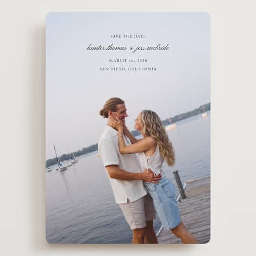 This is a tuxedo save the date with standard by Michelle Buckner called horizon printing on recycled smooth signature in grand