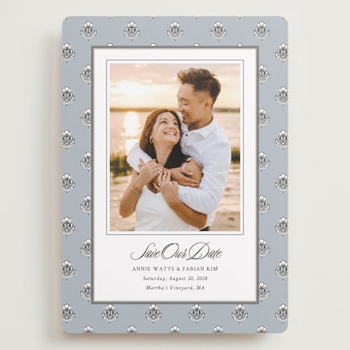 This is a classic save the date with standard by Cindy Reynolds called sophisticated charm printing on recycled smooth signature in grand