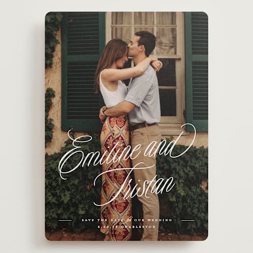 This is a cotton save the date with standard by Susan Zinader called sentimental script printing on recycled smooth signature in grand