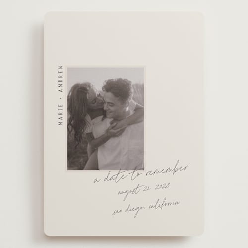 This is a truffle save the date with standard by Vera Lim called offset printing on recycled smooth signature in grand