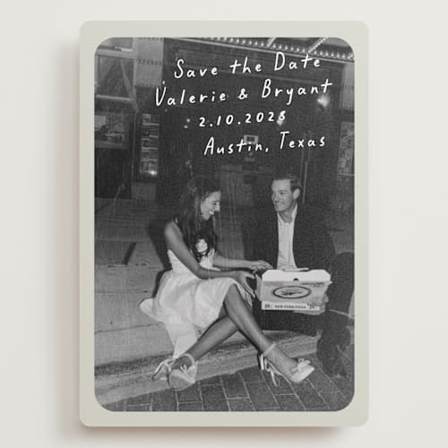 This is a toasted marshmallow save the date with standard by Anna Elder called film printing on recycled smooth signature in grand