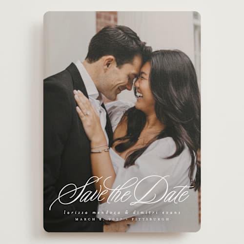 This is a pearl save the date with standard by Lea Delaveris called lovely day printing on recycled smooth signature in grand