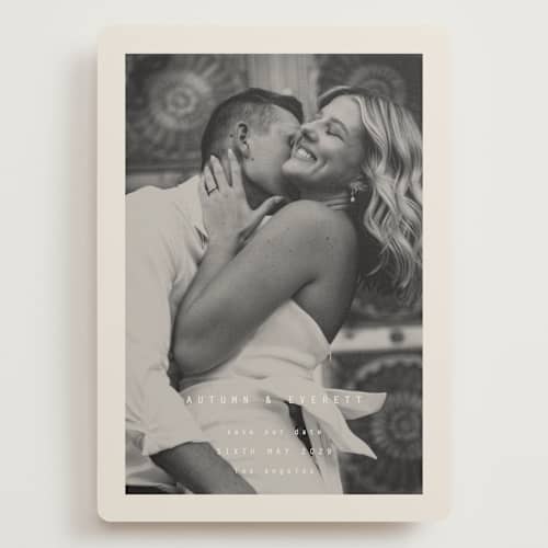 This is a vanilla save the date with standard by Blustery August called nonnette printing on recycled smooth signature in grand