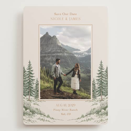 This is a forest save the date with standard by Elly called whispering pines printing on recycled smooth signature in grand