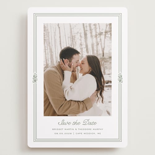 This is a leaf save the date with standard by Kate Ahn called court printing on recycled smooth signature in grand