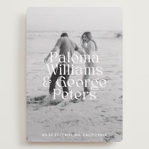 This is a powder save the date with standard by Megan Davis called faded printing on recycled smooth signature in grand