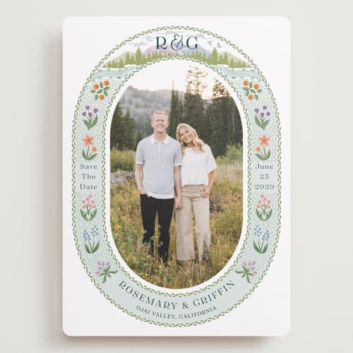This is a pine save the date with standard by Paper Sun Studio called river valley printing on recycled smooth signature in grand