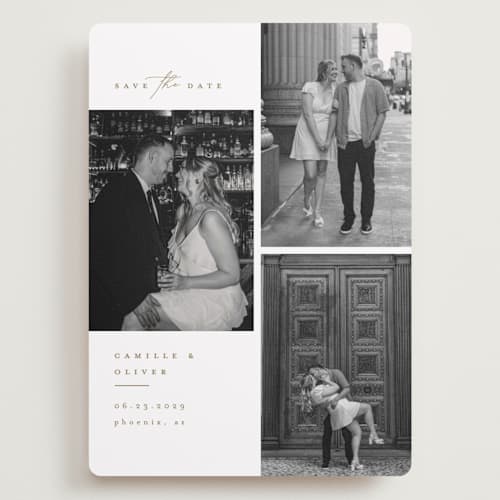 This is a cognac save the date with standard by Kristie Kern called our romance printing on recycled smooth signature in grand