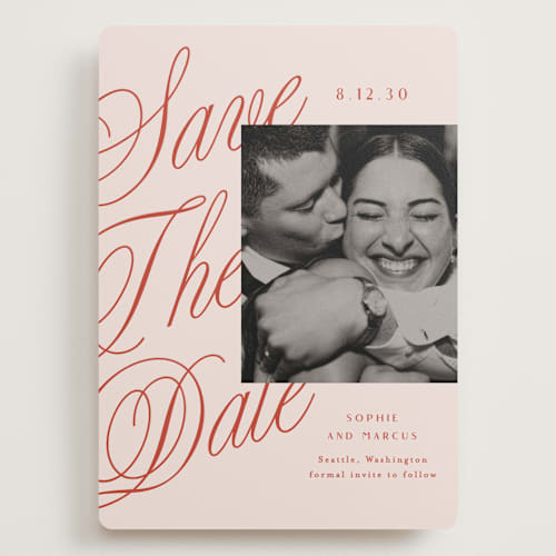 This is a cherry save the date with standard by Alethea and Ruth called script overlay printing on recycled smooth signature in grand