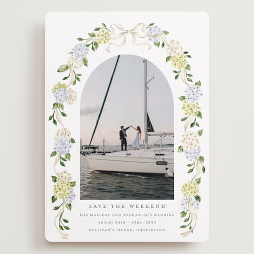 This is a coastline save the date with standard by Sarah Knight called coastal hydrangea printing on recycled smooth signature in grand