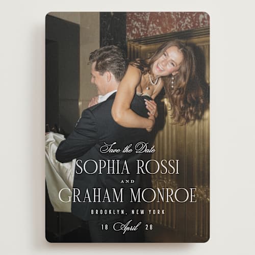 This is a quartz save the date with standard by Kristie Kern called the cinema printing on recycled smooth signature in grand