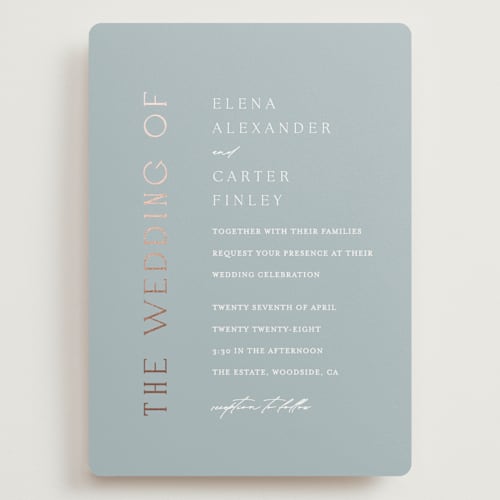 This is a provincial wedding invitations with foil pressed by Angela Thompson called gilded edge printing on signature in grand