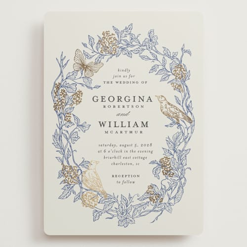 This is a cornflower wedding invitations with foil pressed by Grae called meet me in the garden printing on signature in grand