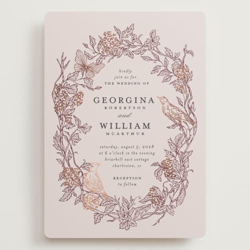 This is a merlot wedding invitations with foil pressed by Grae called meet me in the garden printing on signature in grand