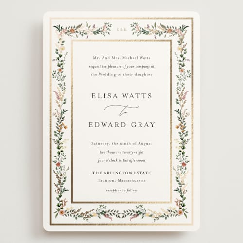 This is a blush wedding invitations with foil pressed by Susan Moyal called blooming vine printing on signature in grand