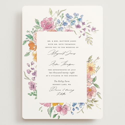 This is a tropical wedding invitations with standard by Itsy Belle Studio called floral pop printing on signature in grand