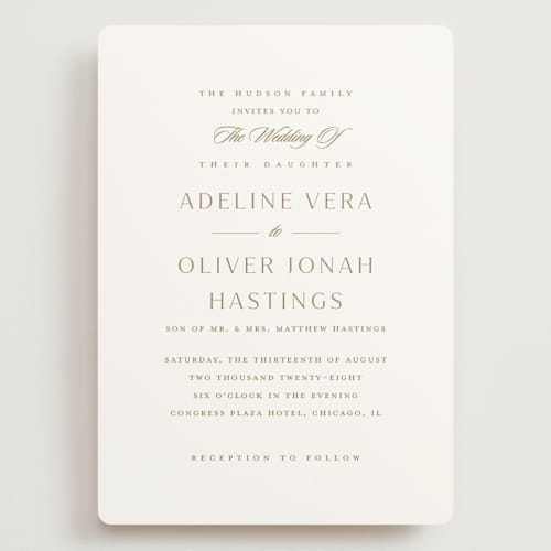 This is a golden wedding invitations with standard by Stacey Meacham called classic decorum printing on signature in grand