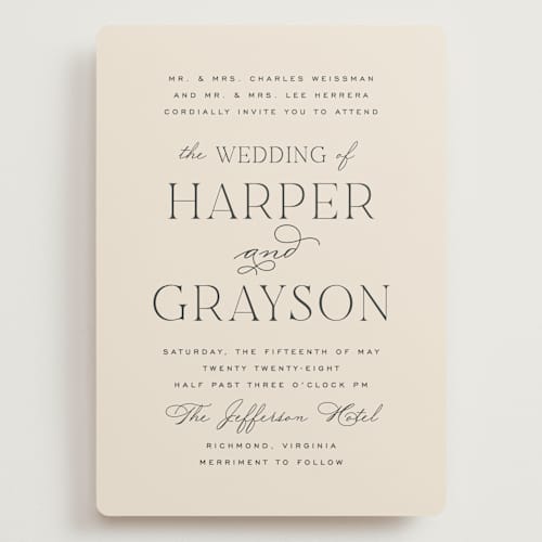 This is a creme wedding invitations with standard by Carly Reed Walker called tendu printing on signature in grand