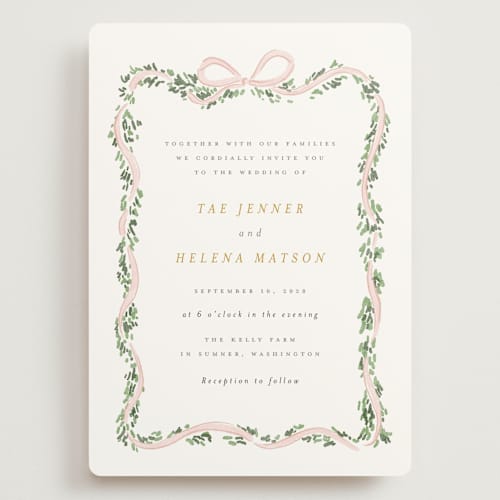 This is a blush wedding invitations with standard by Itsy Belle Studio called ribbonly frame printing on signature in grand